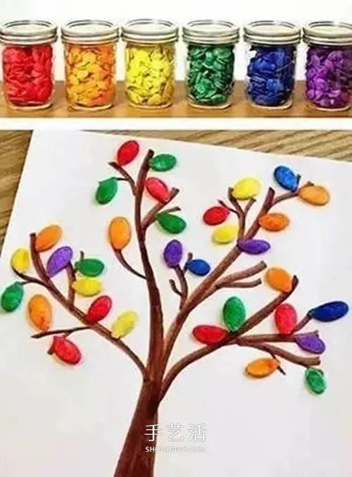 幼儿园简单益智手工:南瓜子大树拼贴画