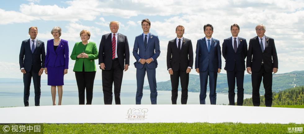 g7领导人照片刷屏:默克尔剑拔弩张 特朗普被"围攻"