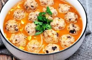 Sour Meatball Soup with Golden Needle Mushrooms and Steamed Tofu