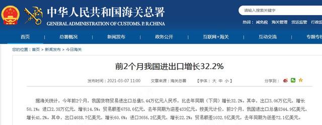 海关总署：我国前2月货物贸易进出口总值5.44万亿元 同比增32.2%