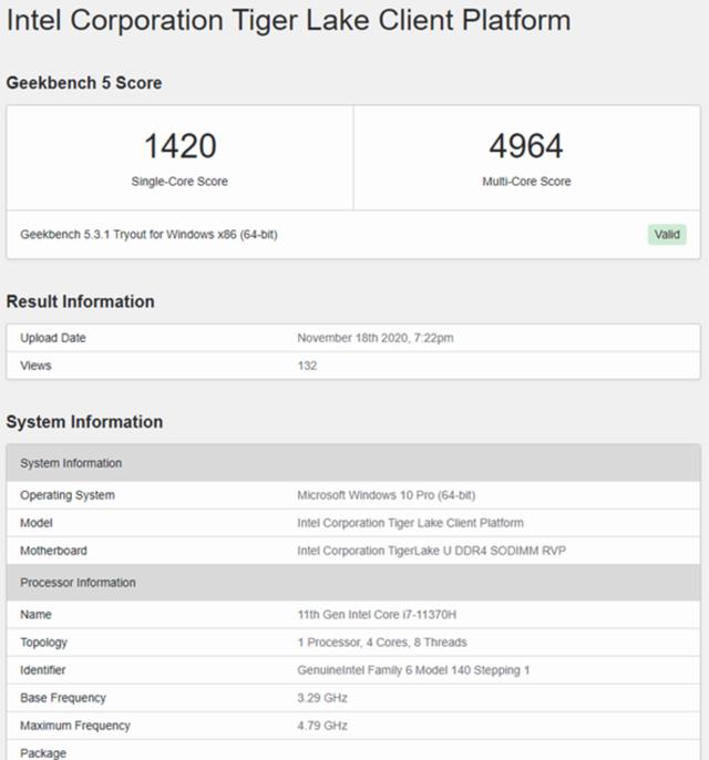 英特尔处理器 i7-11370H 曝光：跑分低于苹果 M1