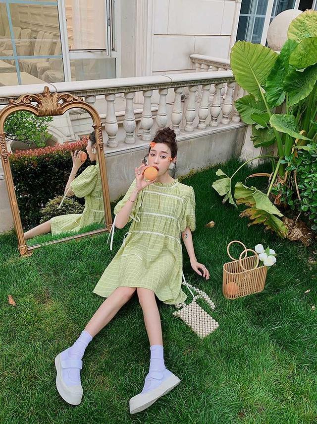 第五大道小众设计款柠檬绿格子连衣裙