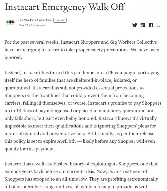 太平洋电脑网@针对外卖平台Instacart的罢工将在下周一进行：员工要求获公平对待