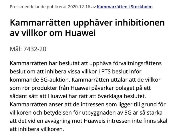 斯德哥尔摩上诉法院最新裁决让华为5G禁令重新生效 但华为仍可上诉