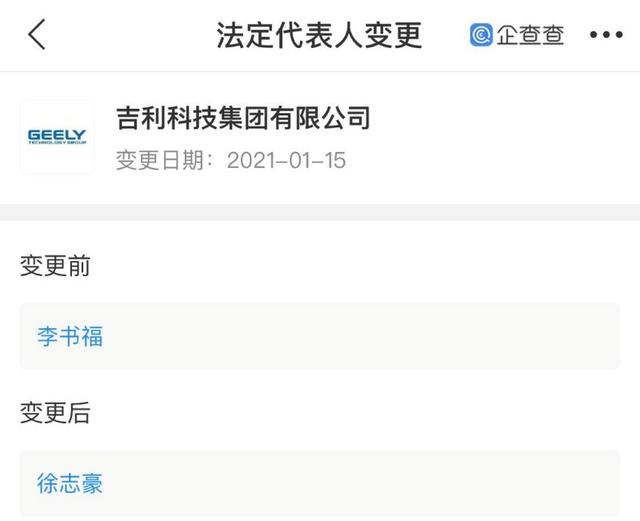 李书福退出吉利科技集团法定代表人，徐志豪接任
