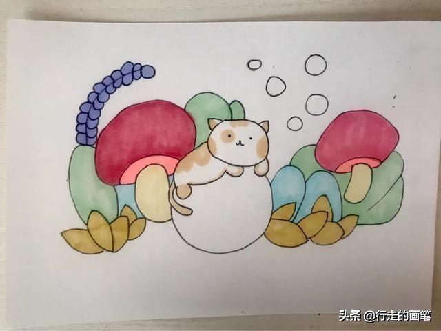超级宝妈：儿童画教程#温暖色系#悠闲的小猫|原创绘画