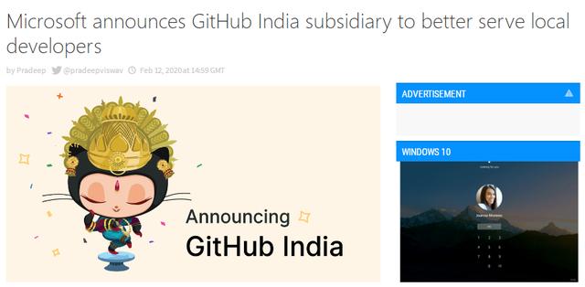 『环球网』外媒：微软宣布在印度成立GitHub子公司