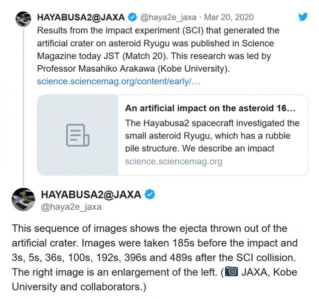 「环球网」“隼鸟2号”撞击小行星新论文发表：陨石坑如公交车般大小