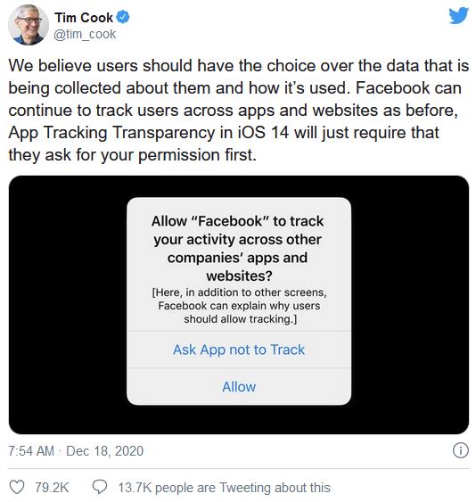库克：用户对应用开发者能否收集他们的数据有选择权