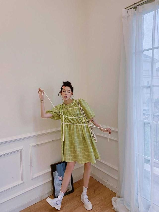 第五大道小众设计款柠檬绿格子连衣裙