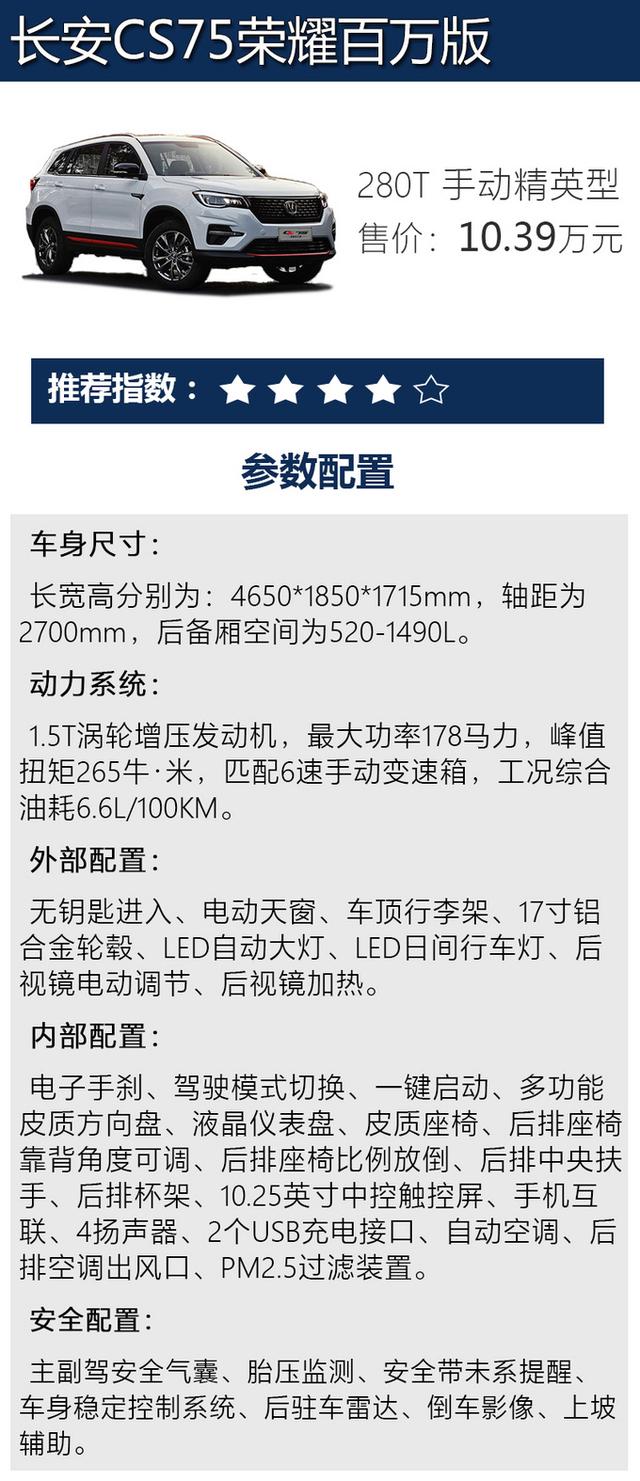 推荐1.5T自动尊贵型 长安CS75荣耀百万版购车手册