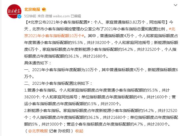 北京公布2021年小客车指标配置：个人、家庭普通指标3.82万个，同池摇号