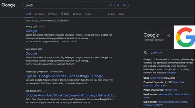 Google正测试浏览器黑暗模式下呈现搜索结果