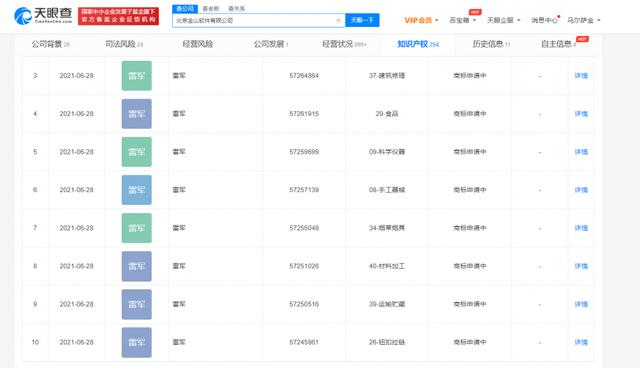 商标|快讯！金山公司申请注册数十个雷军商标