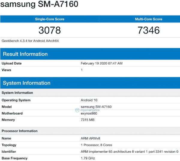 太平洋电脑网:疑似Galaxy A71 5G机型Geekbench基准测试成绩曝光