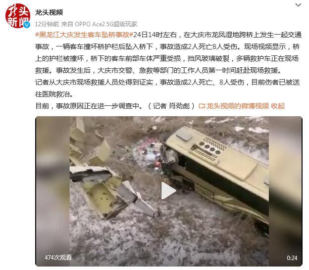 黑龙江大庆发生客车坠桥事故,造成2人死亡