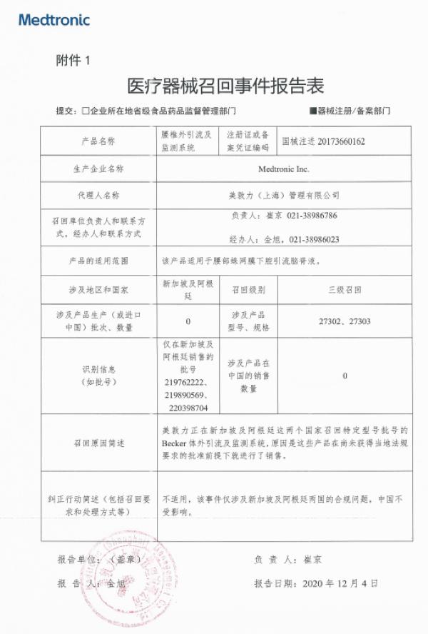 美敦力主动召回“脊髓神经刺激器医生程控系统”和“腰椎外引流及监测系统”