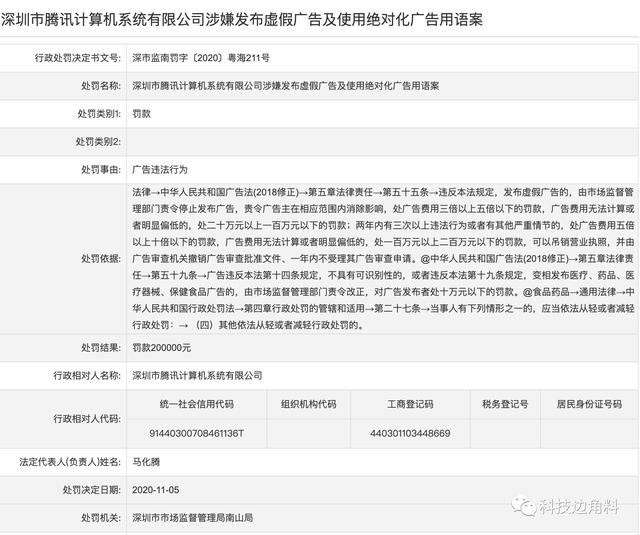 腾讯发布虚假广告及使用绝对化用语，遭罚20万元