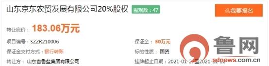 山东|鲁盐集团挂牌转让山东京东农贸20%股权，底价183.06万元