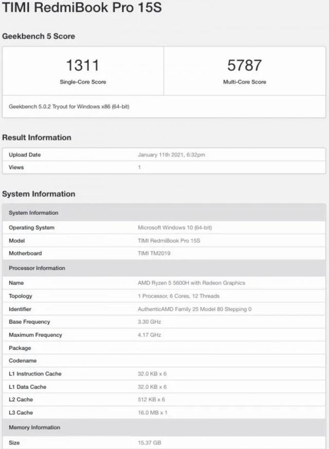 RedmiBook Pro 15S现身跑分库：11代酷睿H35+Ryzen显卡