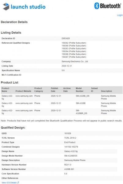 三个型号 三星Galaxy A32 5G通过Bluetooth SIG认证