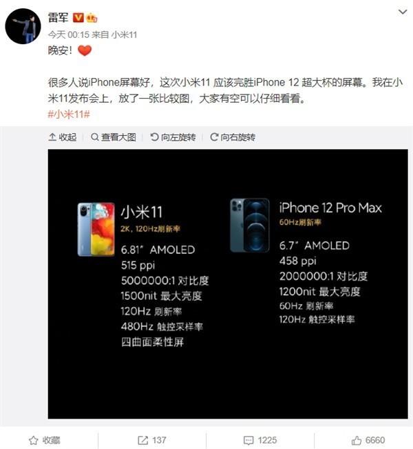 雷军：小米11屏幕完胜iPhone 12