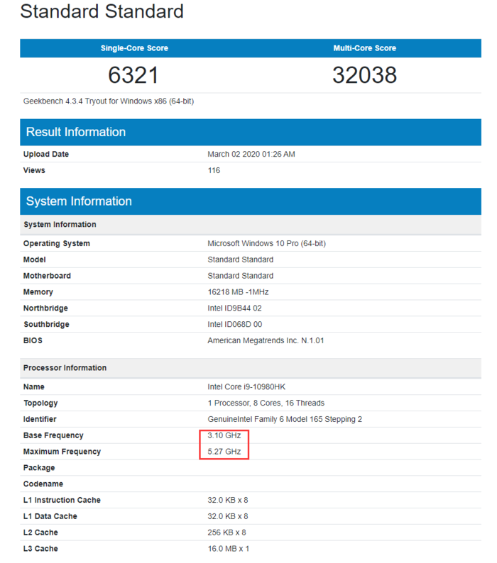 「太平洋电脑网」十代酷睿i9-10980HK亮相GeekBench数据库 频率超5GHz