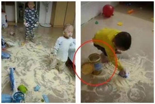 超级宝妈@“佛系爸爸”走红，放任俩熊孩子撒一地奶粉，爸爸淡定在一旁打盹