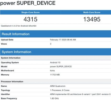 「太平洋电脑网」144Hz电竞屏+骁龙865加持 红魔5G GeekBench跑分曝光