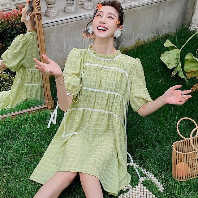 第五大道小众设计款柠檬绿格子连衣裙