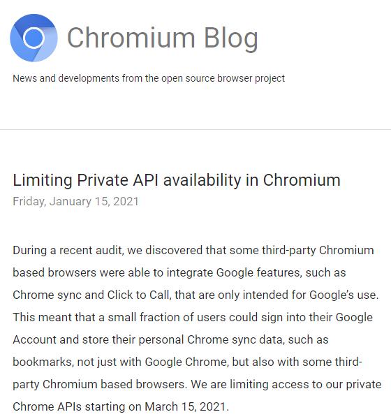 谷歌将于3月15日起限制在第三方浏览器上使用的Chrome数据同步API