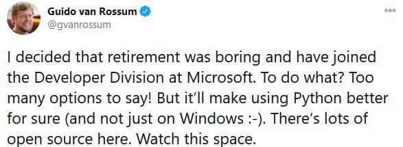 Python创始人加入微软开发部门：退休生活太无聊了