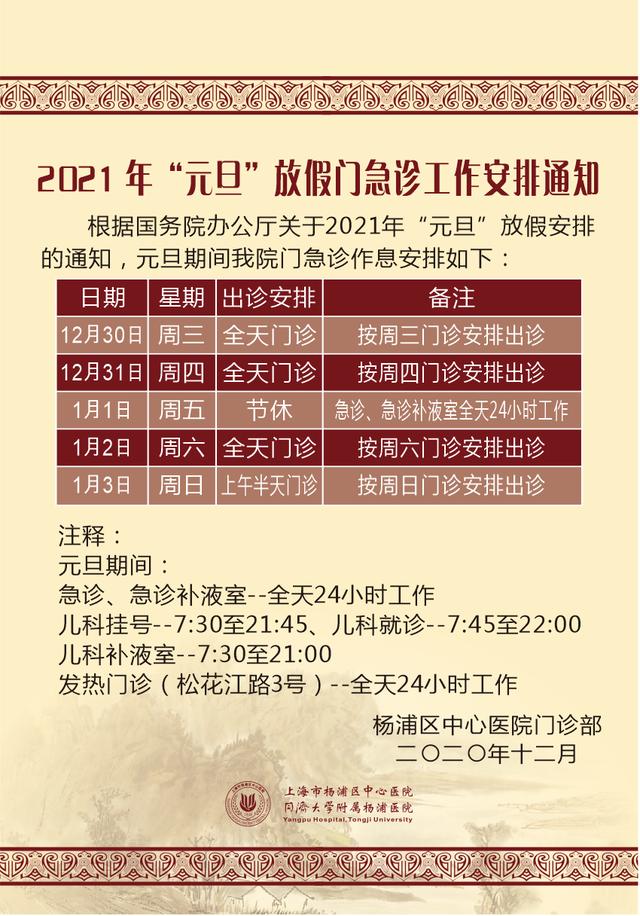 浦兴街道生活日记——「提示」沪上三级医院“元旦”假期门急诊安排一览→