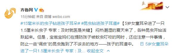 环球网|5岁女童耳朵进了一只1.5厘米长虫子 专家：及时就医是关键