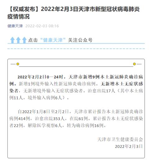 天津昨日新增9例本土确诊病例新增1例境外输入确诊病例