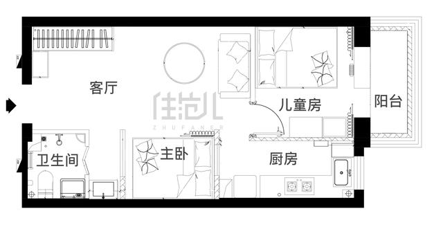 客厅|46㎡一居室变成两室一厅，孩子父母两房间还有干湿分离