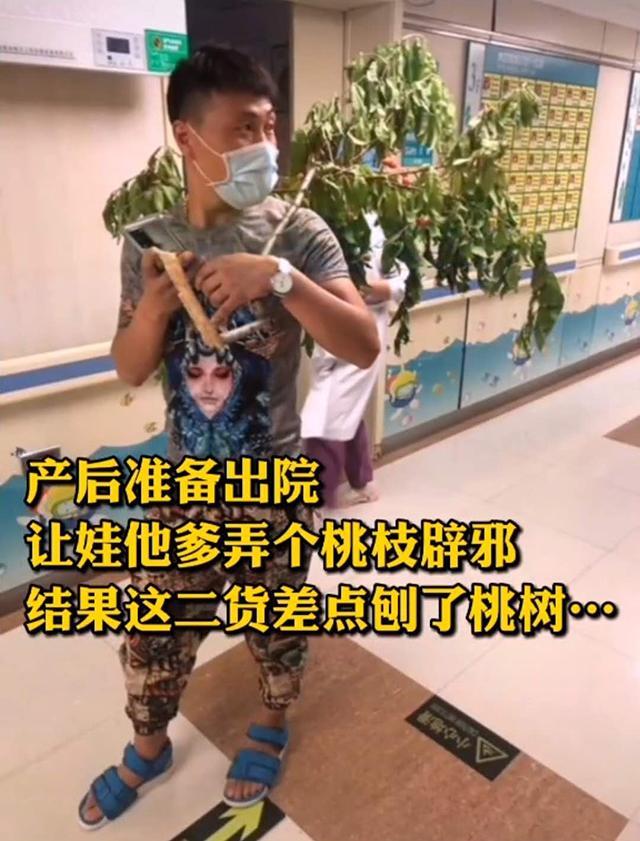 超幸福一家|“最憨厚爸爸”扛着桃枝，来医院迎接宝宝回家，网友：果然是亲爹