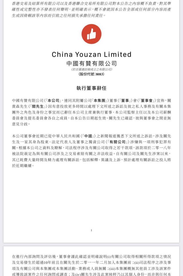 中国|中国有赞主席兼执行董事关贵森辞任