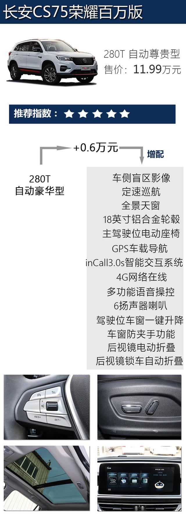 推荐1.5T自动尊贵型 长安CS75荣耀百万版购车手册