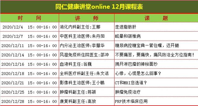 课题|直播课表丨同仁健康讲堂Online12月课程表来咯