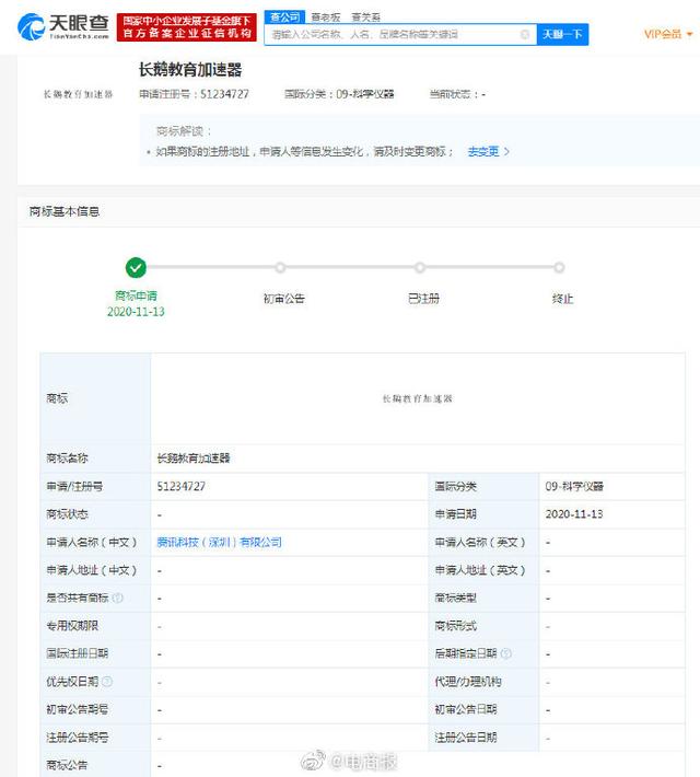 腾讯申请长鹅教育加速器商标