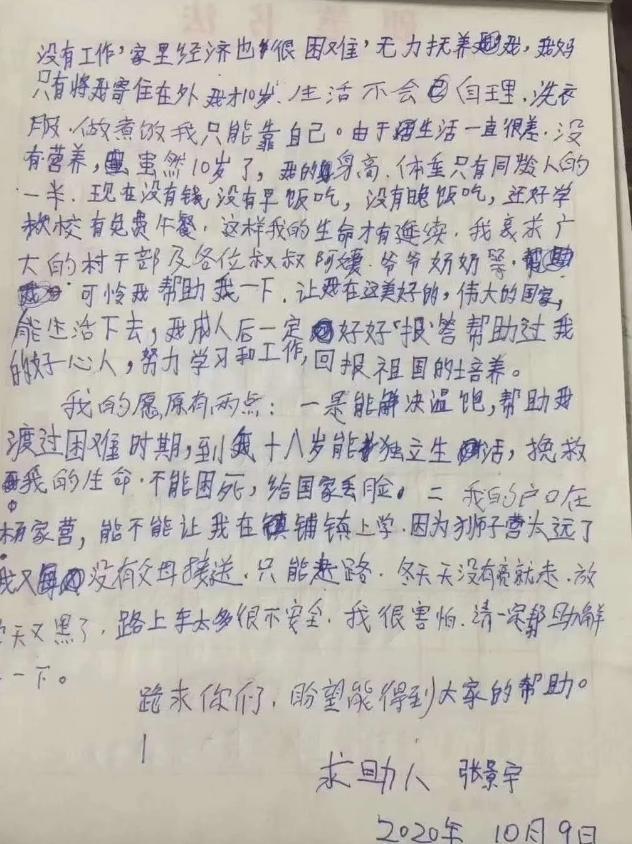 父亲去世，母亲改嫁，10岁五年级小学生写求助信，让人泪目