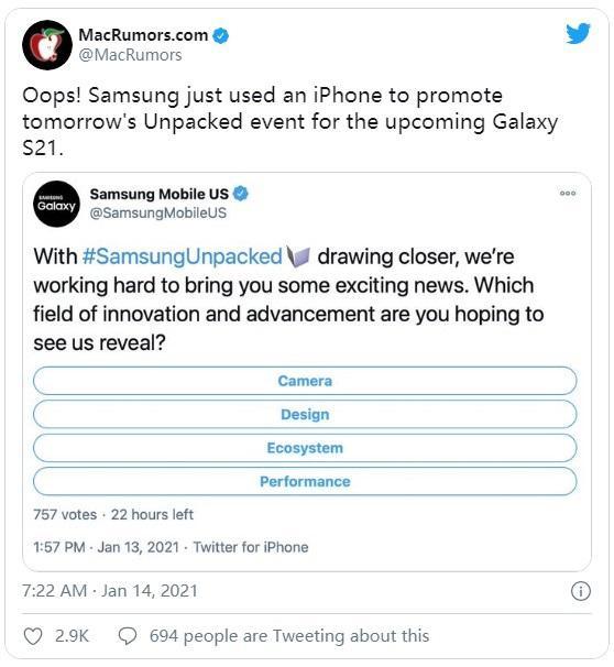 三星官方 Twitter 账号尴尬一幕：用 iPhone 宣传 Galaxy S21 新机