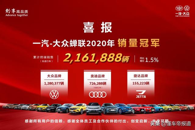 蝉联｜一汽-大众2020年销售超216万辆，再夺年度销量冠军