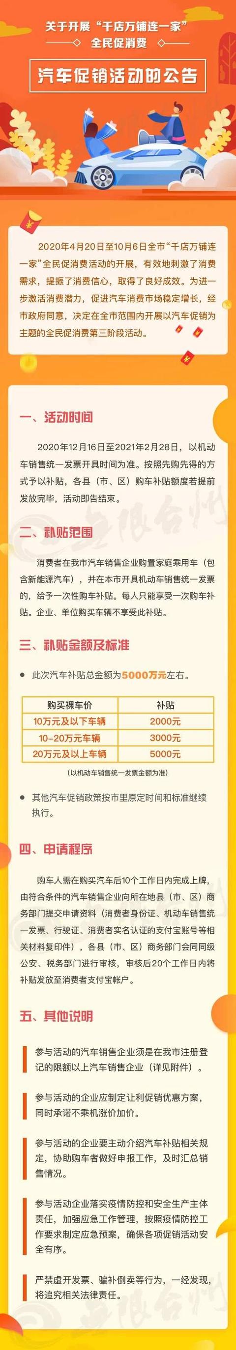 台州又发消费补贴了，5000万，要买车的你看过来