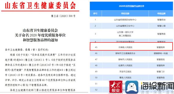 无棣县人民医院获评2020年度智慧服务品牌