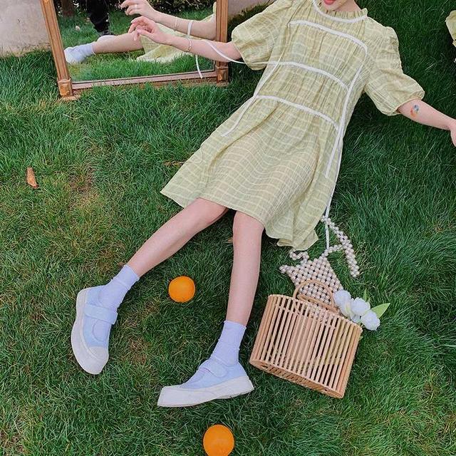 第五大道小众设计款柠檬绿格子连衣裙