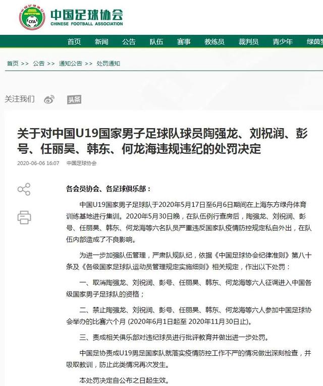 新民晚报中国足协:取消六名违规国青队员入选国家队资格并禁赛六个月