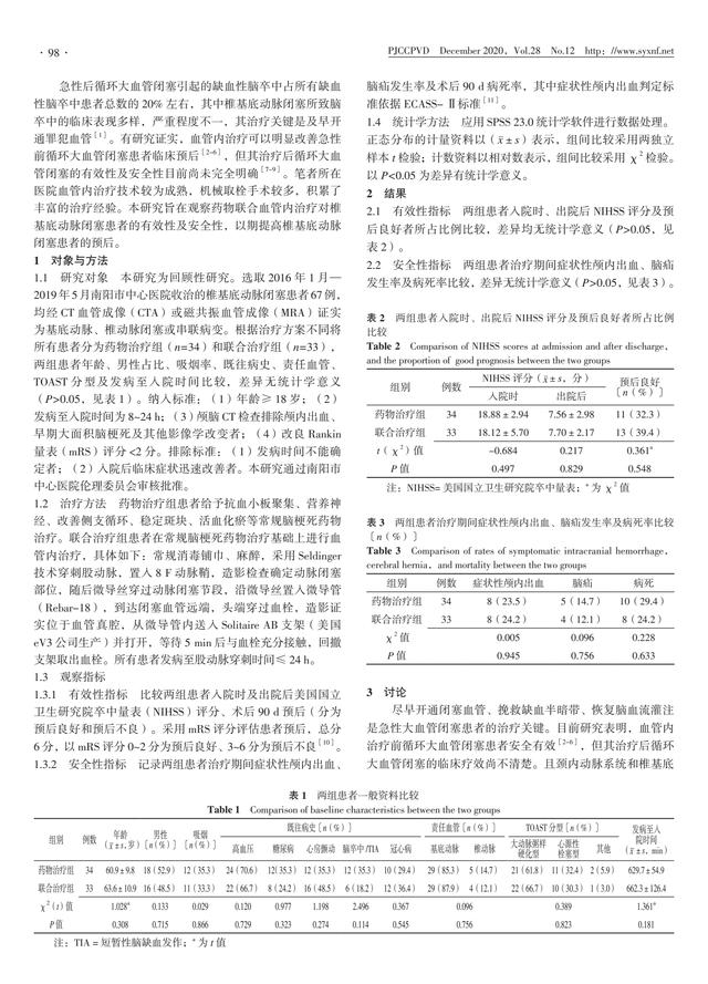 药物联合血管内治疗对椎基底动脉闭塞患者的有效性及安全性