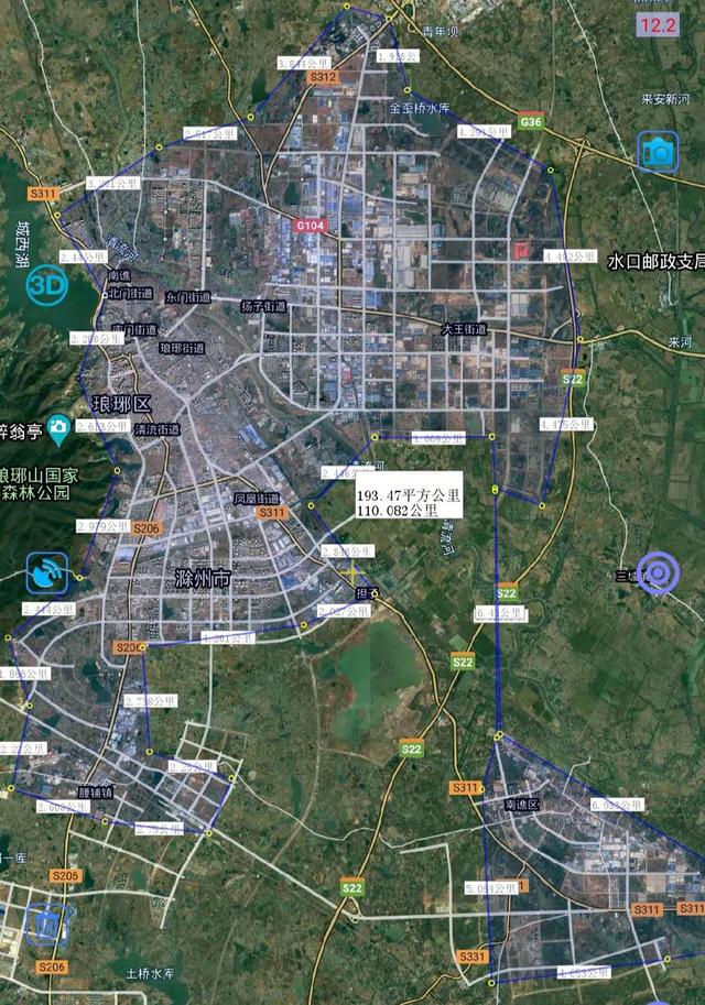 卫星地图上看滁州及辖县建成区面积,天长在辖县中最大